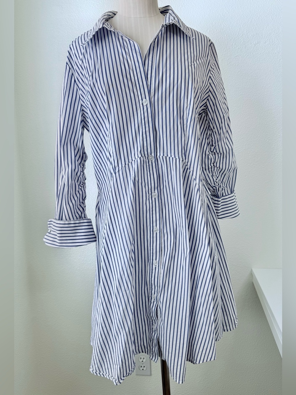 Venus Striped Fit & Flare Shirt Dress Blue White Ruched Sleeve Size 12